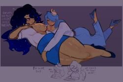 2girls big_breasts blue_eyes blue_hair blue_heels breasts cookie cookie_run cookie_run_kakao cookie_run_kingdom cookie_run_ovenbreak english_text female female_only heels jackting_off lesbian moonlight_cookie multiple_girls office_clothing office_lady office_worker pencil_skirt purple_eyes sea_fairy_cookie space_hair sucking_breasts tagme text thick_thighs thighs water_hair yuri