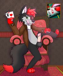 ace anthro black_fur canine card chair clothed clothing fur green_eyes hair heart kiba_spiritstone lucky_the_wolf mammal penis playing_card poker red_fur red_hair sitting tongue tongue_out white_fur wolf