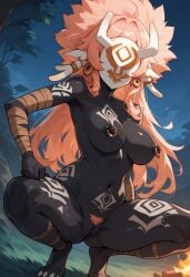 ai_generated black_body breasts casual_exposure casual_nudity churled corruption detailed_background exhibitionism faceless_female female genshin_impact hilichurls_(species) interspecies_domination mask masked_female nipple_piercing nipples nude outdoor_nudity piercing pink_hair pubes pussy thick_thighs tribal_corruption tribal_markings tribal_tattoo yanfei_(genshin_impact)