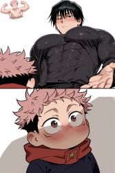 age_difference ai_generated blushed_face clothed haruartx itadori_yuuji jujutsu_kaisen male_only male_pecs male_tits muscular_male older_female_and_younger_male pecs tits toji_fushiguro yuji_itadori