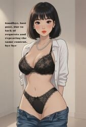 ai_generated enfermosic28 female jeans_shorts lace medium_ass medium_breasts shirt_open small_waist underwear