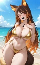 1girls ai_generated bbc_addict beach big_ass big_breasts black_lips black_lipstick gold_bikini sinder_(vtuber) virtual_youtuber