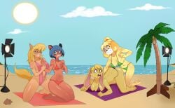 4girls animal_crossing anoneysnufftan anthro anthro_only applying_sunscreen beach beach_towel bianca_(spyro) bikini blonde_hair blue_eyes blue_hair brand_new_animal breast_hold bunny_ears bunny_girl callie_briggs canine covering_one_breast embarrassed face_down_ass_up fake_tree feline female female_only film_set furry glasses holding_arm holding_own_breast humiliation imminent_death indoors isabelle_(animal_crossing) killer_lotion kneeling leaning_forward long_hair mask massage michiru_kagemori murder orange_body palm_tree peril props punishment rabbit raccoon rubbing self_fondle sitting sling_bikini snuff spyro_the_dragon stage stage_lights summer sunbathing swat_kats swimsuit tanuki towel yellow_body