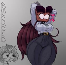 argentinian_female box_on_head female_focus female_only gray_background long_hair office_clothing office_lady original_character oskill skriowo suprised thicker_than_a_bowl_of_oatmeal tight_clothing voluptuous_body voluptuous_female
