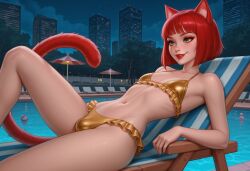 ai_generated bikini blindparty bulge cat_ears cat_tail catboy femboy gold_bikini green_eyes poolside red_eyeshadow red_hair red_lipstick