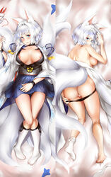 1girls animal_ears azur_lane daisufuumi dakimakura kaga_(azur_lane) kitsune nipples open_shirt pantsu panty_pull solo tail