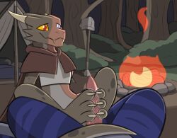 2d_animation ahatas animal_genitalia animated anthro barely_visible_cloaca barely_visible_genitalia blind_eye blue_body blush bodily_fluids bottomless bottomless_anthro broken_horn burn_scar camp campfire claws cloaca cloak clothed clothing digitigrade duo elizabeth_(ahatas) fangs feet female fire foot_fetish foot_on_penis foot_play footjob genital_fluids genitals grey_body hi_res horn leaking_precum lizard male male/female melee_weapon night outside penis plant polearm precum precum_on_foot reptile rock scalie scar sex shrub sitting sleeping_bag spear spots striped_body stripes teeth tent tree weapon yellow_eyes