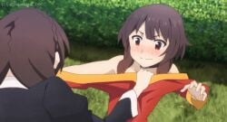 animated animated_gif assisted_exposure clothes_pull flat_chest flat_chested kono_subarashii_sekai_ni_shukufuku_wo! megumin nipples nude_edit nude_filter pulling_clothing screencap small_breasts yunyun_(konosuba)