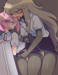 2girls bent_over bite_mark bite_marks blue_eyes blush clothed clothed_sex computer computer_monitor cum custardcee dirty_blonde_hair female glasses hideku_(mistercakerz) leggings levi_(mistercakerz) long_hair mistercakerz office office_clothing office_lady penis penis_between_legs pink_hair ripped_clothing sex short_hair skirt sweat thigh_sex thigh_sex_over_clothes thighjob tongue tongue_out trans_woman yellow_eyes yuri