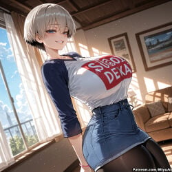 1girl ai_assisted ai_generated ass bangs blue_eyes blush bracelet breasts curtains curvaceous curvy curvy_female curvy_figure denim denim_shorts denim_skirt eyebrows_visible_through_hair female grin hair_between_eyes huge_breasts indoors jewelry looking_at_viewer miyuai pantyhose raglan_sleeves romaji_text short_hair shorts skirt smile solo thick thick_ass thick_butt thick_hips thick_legs thick_thighs uzaki-chan_wa_asobitai! uzaki_hana voluptuous voluptuous_female wide_hips wide_thighs window