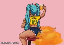 1girl 1girls 69_(number) bar_chair big_ass big_butt bracelet brazil brazilian brazilian_female brazilian_miku brazilian_shirt dark-skinned_female dark_skin drink fart fart_cloud fart_fetish farting farts jeans ketrita sitting solo stinky_butt stinky_fart tan_body tan_skin vocaloid yellow_shirt