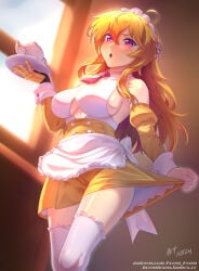 1girls blonde_female blonde_hair half-dressed half_naked half_naked_female hocen long_hair long_hair_female maid maid_apron maid_headdress maid_outfit maid_uniform purple_eyes rwby solo_female yang_xiao_long