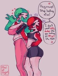 2girls big_breasts clothed clothing fellatio_gesture female female_only flirting fully_clothed gardevoir girlfriends mel4tnight pokemon pokemon_(species) polyamory small_breasts