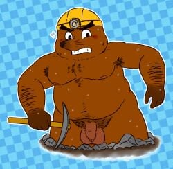 2026 animal_crossing anthro armor armpit_hair balls biped bodily_fluids body_hair brown_body brown_fur duskycovers eulipotyphlan flaccid fur genitals hard_hat headgear helmet male mammal mole_(animal) moobs mr._resetti navel nintendo nipples penis pubes slightly_chubby solo sweat