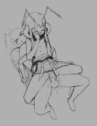 1boy 1girls 4_arms 4_breasts antennae_(anatomy) arm_grab arm_support chitin closed_eyes cum cum_in_pussy cum_inside flat_chest girl_on_top indie_virtual_youtuber insect_girl mandibles monochrome monster_girl nipples sedua_weynn sex skirt_up sweat vaginal_penetration vesper_(vtuber) virtual_youtuber vtuber