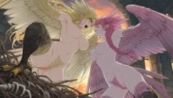2girls ai_generated bird_feet bird_girl bird_legs blonde_hair bone boobs breasts feather fight harpie_lady harpy harpy_girl my_oc3 nest palace pink_body pink_hair pink_skin pussy pussy_hair pussy_juice tan_body tan_skin tits