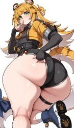 1girl 1girls ai_generated animal_ears ass ass_focus big_ass big_ass_(female) blonde_hair collared_shirt female female_focus female_only green_eyes jacket ju_fufu looking_at_viewer mrnails shoes shorts shortstack solo solo_female tail thick_thighs thigh_strap tiger_girl white_background zenless_zone_zero