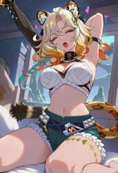 1girls 2026 ai_generated armpits bed bedroom belly_button big_breasts big_thighs blonde_female blonde_hair exposed_armpits exposed_legs exposed_midriff eyes_closed female female_focus female_only genshin_impact heart hoyoverse light-skinned_female light_skin long_hair lunealter mature_female midriff mihoyo morning mouth_open multicolored_hair one_arm_up sfw sitting_on_bed thick_butt thick_hips thick_legs thick_thighs tiger_ears tiger_girl tiger_tail uncensored xilonen_(genshin_impact)