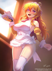 1girls blonde_female blonde_hair half-dressed half_naked half_naked_female hocen long_hair long_hair_female maid maid_apron maid_headdress maid_outfit maid_uniform purple_eyes robotic_arm rwby solo_female yang_xiao_long