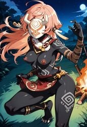 ai_generated black_body breasts casual_exposure casual_nudity churled corruption detailed_background exhibitionism faceless_female female genshin_impact hilichurls_(species) interspecies_domination mask masked_female nipple_piercing nipples nude outdoor_nudity piercing pink_hair pussy thick_thighs tribal_corruption tribal_markings tribal_tattoo yanfei_(genshin_impact)