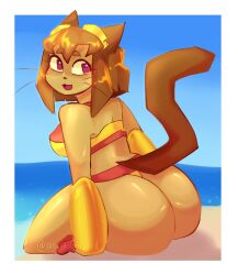 1girls 2026 2d 2d_(artwork) anthro artist_name artist_request ass back_view beach big_ass big_butt blue_sky brown_body brown_hair brown_skin cat_ears cat_girl cat_humanoid cat_tail catgirl clothed clothing color colored digital_drawing_(artwork) digital_media_(artwork) feline feline_humanoid female female_only gameoverse glistening glistening_ass glistening_body glistening_butt glitch_productions humanoid kit_(gameoverse) kit_bodega looking_back ocean open_smile sitting sitting_on_ground solo solo_female swimsuit swimwear tail thick_ass thick_butt thick_thighs thighs watermark whiskers