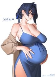 big_breasts black_hair blue_eyes blush cleavage dark_blue_hair dress earrings female female_only hair_bun hair_ribbon holding_belly hololive hololive_english hoop_earrings huge_breasts maternity_clothes maternity_dress mole_on_breast no_bra off_shoulder ouro_kronii pregnant sagging_breasts side_slit smile solo sweater wholesome