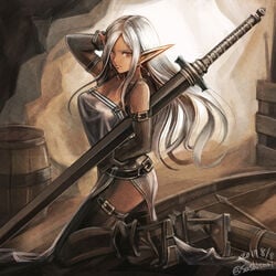 1girls arm_belt arrow bangs barrel belt bow_(weapon) breasts cleavage dark_elf dark_skin dated dress earrings elbow_gloves elf from_side gloves hand_in_hair highres indoors jewelry kneeling light_frown lips long_hair long_sword looking_at_viewer looking_to_the_side medium_breasts on_floor original parted_bangs pointy_ears quiver red_eyes shiny shiny_hair side_slit silver_dress silver_hair sleeveless sleeveless_dress solo sushi_(sashimise) sword thigh_strap thighhighs twitter_username weapon