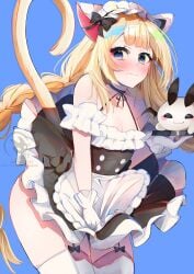 1girl animal_ears apron bangs bare_shoulders blonde_hair blue_background blue_eyes blush bow breasts cat_ears cat_tail choker closed_mouth dress frills hair_bow long_hair looking_at_viewer maid maid_headdress small_breasts solo tail thighhighs very_long_hair vyugen waist_apron white_legwear yenko