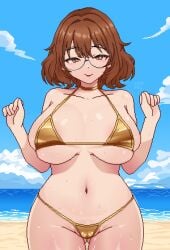 beach beach_background big_ass big_breasts bikini brunette_hair gold_bikini leo_pxll pixel_art short_hair