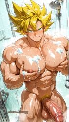 ai_generated bath bathroom big_pecs big_tits blonde_hair blue_eyes erect_penis erection goku horn_dawgg male_only male_pecs male_tits masculine masculine_male muscular muscular_male pecs smiling solo son_goku tits yellow_hair