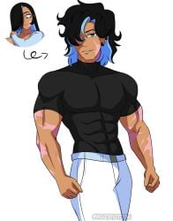 2025 abs big_pectorals black_and_blue_hair black_hair black_shirt blue_eyes blue_hair earrings genderbend genderswap grace_(mg231101778) hair_over_one_eye handsome m.grace mg231101778 muscle_male muscle_man muscles original_character pectorals scars simple_background tanned-skinned_male tanned_skin tanned_skinned_male tight_clothing tight_shirt