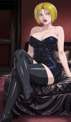 1girl bedroom bible_black black_dress blonde_hair blue_eyes breasts door huge_breasts kitami_reika lipstick short_hair voluptuous_female witch