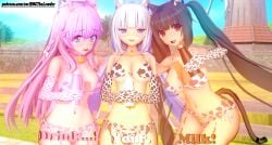 3d 3d_(artwork) 3girls big_boobs big_breasts bikini bikini_bottom bikini_top catgirl catgirls chocola_(sayori) cow_horns cow_print_bikini female_focus female_only fraise_(sayori) koikatsu milk milk_bottle nekopara real_maincharacter vanilla_(sayori)