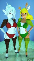 3d bra breasts crossover deer deer_girl deltarune duo duo_female eyeshadow female female_only furry furry_female furry_only goat goat_girl goat_lucifer_(helltaker) gradient_background hand_on_hip helltaker horn horns kevhon looking_at_viewer noelle_holiday open_shirt panties sexy sexy_pose source_filmmaker stockings