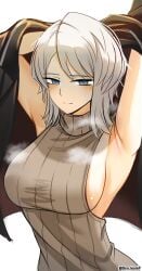 1girls armpits arms_up big_breasts blue_eyes blush breasts den_kun69 faust_(limbus_company) glossy light-skinned_female light_skin limbus_company looking_at_viewer medium_hair project_moon sleeveless sleeveless_sweater solo steam turtleneck turtleneck_sweater white_hair