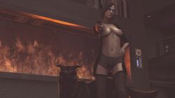 1dog 1girls 3d areolae blue_eyes breasts front_view garean indoors juli_kidman looking_at_viewer navel nipples partially_clothed short_hair solo source_filmmaker the_evil_within the_evil_within_2