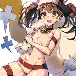 1:1 bag bell bell_collar blush brown_eyes brown_hair christmas christmas_outfit collar female female_only hat kantai_collection long_hair naked_ribbon navel nipples open_mouth petite pettanko pointy_chin redcomet ribbon ribs ryuujou_(kantai_collection) santa_hat simple_background smile solo tied_hair twintails uncensored vagina white_background