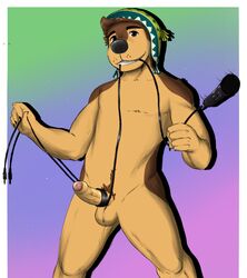 2018 5_fingers anthro balls biped black_nose bodi brown_eyes brown_fur brown_hair canine clothing digital_media_(artwork) erection fur grin hair hat humanoid_penis koruro looking_at_viewer male male_only mammal mastiff microphone multicolored_fur nude penis pubes rock_dog sherpa_hat simple_background smile solo standing tan_fur teeth tibetan_mastiff two_tone_fur