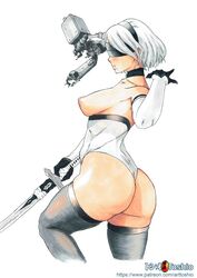 android ass bare_shoulders breasts corset curvy elbow_gloves female hairband hips holding_weapon nier nier:_automata nipples short_hair sideboob sword thick_thighs thighhighs thighs weapon wide_hips yorha_2b