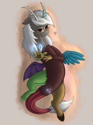007delta 2016 antlers blue_feathers brown_fur claws curved_horn discord_(mlp) draconequus feathered_wings feathers female feral friendship_is_magic fur grey_background grey_fur grey_hair hair hi_res horn looking_at_viewer magic mammal my_little_pony pussy red_eyes ridged_horn rule_63 sharp_horn simple_background solo tail_tuft tuft white_tail wings