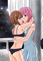 00s 2girls ass blush bra breast_press butt_crack estellise_sidos_heurassein eye_contact female hug k-nashi lingerie looking_at_another multiple_girls mutual_yuri night nightgown off_shoulder panties parted_lips pink_hair rita_mordio small_breasts smile standing symmetrical_docking tales_of_(series) tales_of_vesperia underwear underwear_only yuri