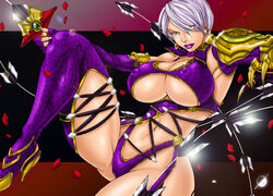 1girls big_breasts blue_eyes female female_only isabella_valentine open_legs solo soul_calibur soul_calibur_iv whip_sword white_hair