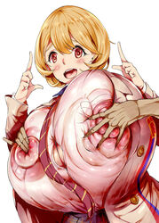 1boy 1girls arms_up bare_shoulders big_breasts blonde_hair blush brown_eyes cleavage coat curvy duo erect_nipple erect_nipples eyelashes faceless_male female female_focus front_view human looking_at_viewer male mozu-k narusawa_ryouka nipple_bulge occultic;nine open_mouth pose posing shiny shiny_skin short_hair simple_background skirt standing tied yellow_hair