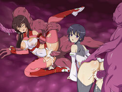 2girls an-bl anus black_hair black_legwear blush breasts brown_hair censored closed_eyes cum cum_in_pussy large_breasts miyama_tsubame monster mosaic_censoring multiple_girls no_panties open_mouth pink_legwear purple_eyes school_girl_strikers sex short_hair skirt spread_legs sumihara_satoka thighhighs torn_clothes upskirt vaginal_penetration yellow_eyes