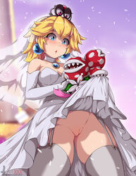 1girls alternate_costume animeflux artist_name assisted_exposure blonde_hair blue_eyes blush collar crown dress_lift earrings elbow_gloves exposed_pussy eyebrows_visible_through_hair female female_only fully_clothed garter_straps gloves mario_(series) nintendo no_panties open_mouth piranha_plant piranha_plant_bouquet princess_peach pussy skirt_lift solo super_mario_odyssey thighhighs tiara_(mario) uncensored web_address wedding_dress wedding_peach_(super_mario_odyssey)