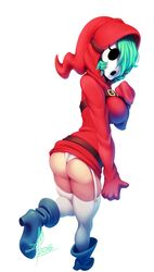 1girls 2016 ass breasts clothing female female_only full_body green_hair looking_at_viewer looking_back lui-ra mario_(series) mask nintendo panties raised_leg shy_gal simple_background solo standing thick_thighs underwear white_background white_panties