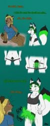 animal_genitalia anthro big_breasts black_bra black_fur black_panties black_pubic_hair blonde_hair blonde_pubic_hair brown_fur canine comparing ear_piercing earrings erect_penis erection eyebrow_piercing eyebrows female female_only fox fur furry green_eyes green_fur green_hair green_penis green_pussy hyena lip_piercing mammal panties panties_down piercing prehensile_penis presenting presenting_pussy pseudo-penis pubes pubic_hair purple_eyes pussy_juice pussy_juice_drip pussy_juice_trail sheath showing showing_off sports_bra spotted_hyena t-shirt underwear undressing unusual_pussy wet_panties wet_pussy white_fur yellow_pubes yuri zaigane