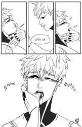 2boys black_and_white blush cyborg finger_in_mouth finger_to_mouth genos male_only moaning one-punch_man one_eye_closed onepunchstuff selfcest text