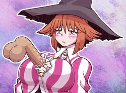 artist_request blush breasts cum female gloves hat houshin_engi kinkouseiba large_breasts masturbation no_bra paizuri penis serious short_hair straight testicles witch_hat