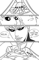 2boys black_and_white cyborg genos male_only naughty_face one-punch_man onepunchstuff selfcest sweatdrop text undressing